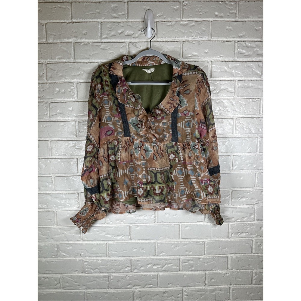 Entro Women's Large Boho Flowy Floral Long Sleeve Ruffle Trim Cottagecore Blouse